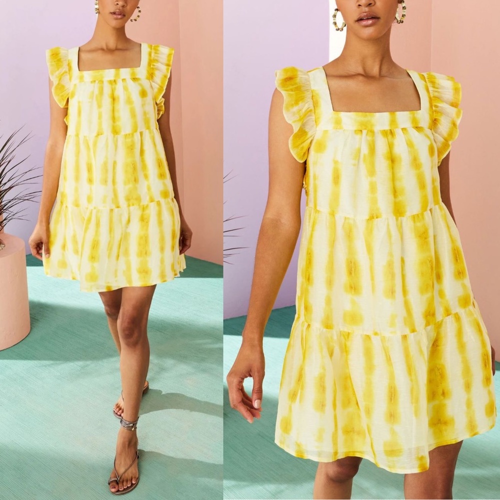 Marie Oliver Sailor Mini Dress Lemon Dye Yellow Tie Dye XS Linen Silk